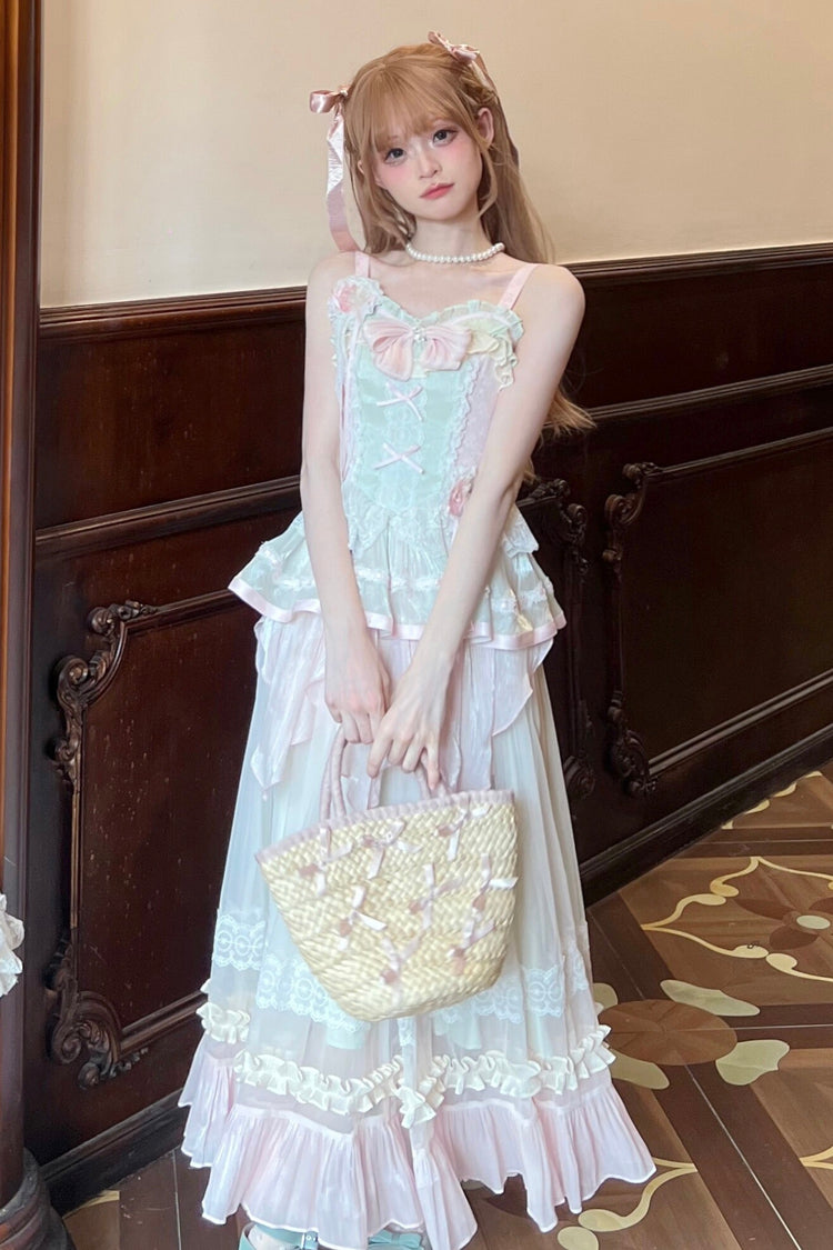 Pink/Green Summer Garden Ruffle Embroidery Bowknot Lace Sweet Lolita Jsk Long Dress - Product - 3
