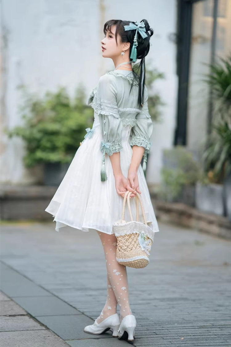White/Green Half Sleeves Ruffled Bow Sweet Chinese Style Lolita Hanfu Dress - Product - 13