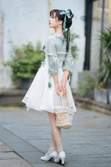 White/Green Half Sleeves Ruffled Bow Sweet Chinese Style Lolita Hanfu Dress - Product - 13