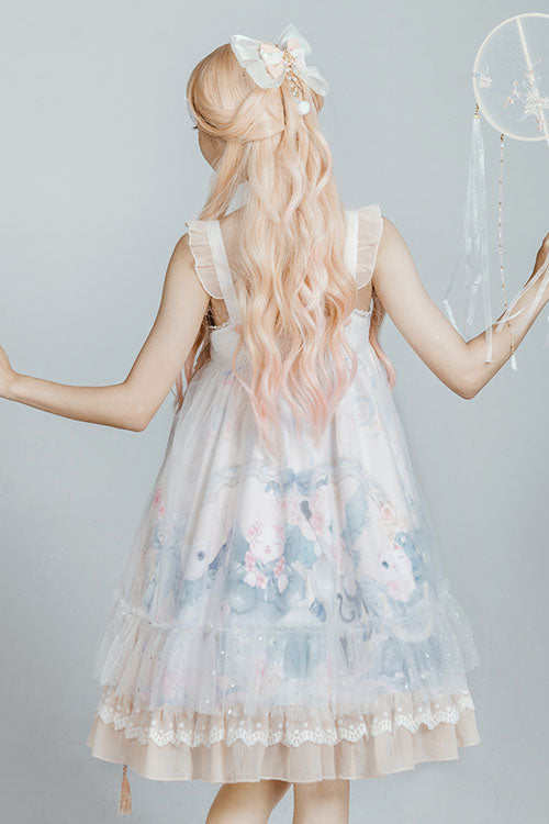 Light Blue Violin Cat Print Bowknot High Waisted Multi-Layer Ruffled Sweet Lolita Jsk Dress - Product - 5