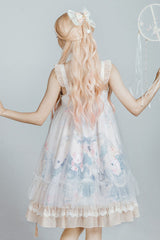Light Blue Violin Cat Print Bowknot High Waisted Multi-Layer Ruffled Sweet Lolita Jsk Dress - Product - 5