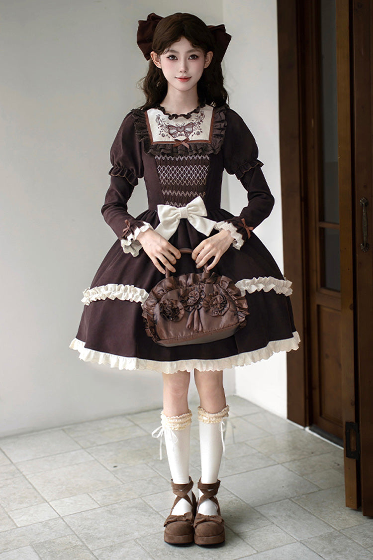 Brown [Miss Brown] Long Sleeves Double-Layered Ruffle Bouquet Embroidery Bowknot Sweet Lolita Dress (Short Version) - Product - 4