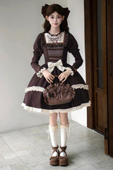 Brown [Miss Brown] Long Sleeves Double-Layered Ruffle Bouquet Embroidery Bowknot Sweet Lolita Dress (Short Version) - Product - 4