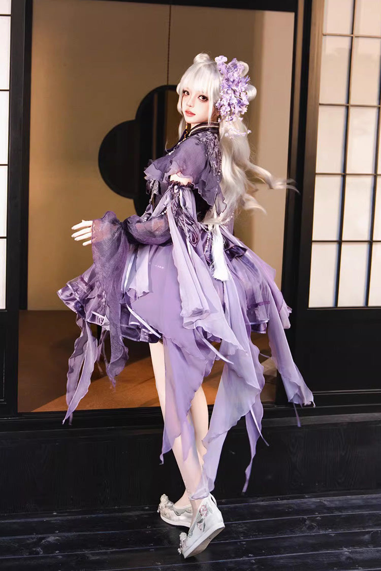 Purple Stand Collar Embroidered Pearl-Decorated Gothic Lolita Jsk Dress Set - Product - 3