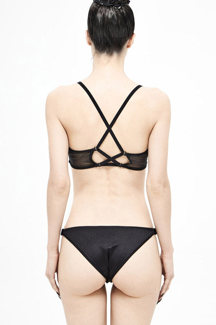 Black Splice Mesh Lace-Up Vertical Striped Bat-Shaped Women's Punk Swimsuit - Product - 3