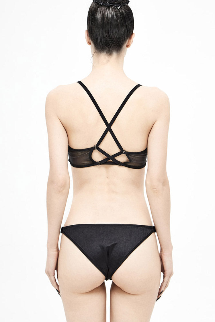 Black Splice Mesh Lace-Up Vertical Striped Bat-Shaped Women's Punk Swimsuit - Product - 3
