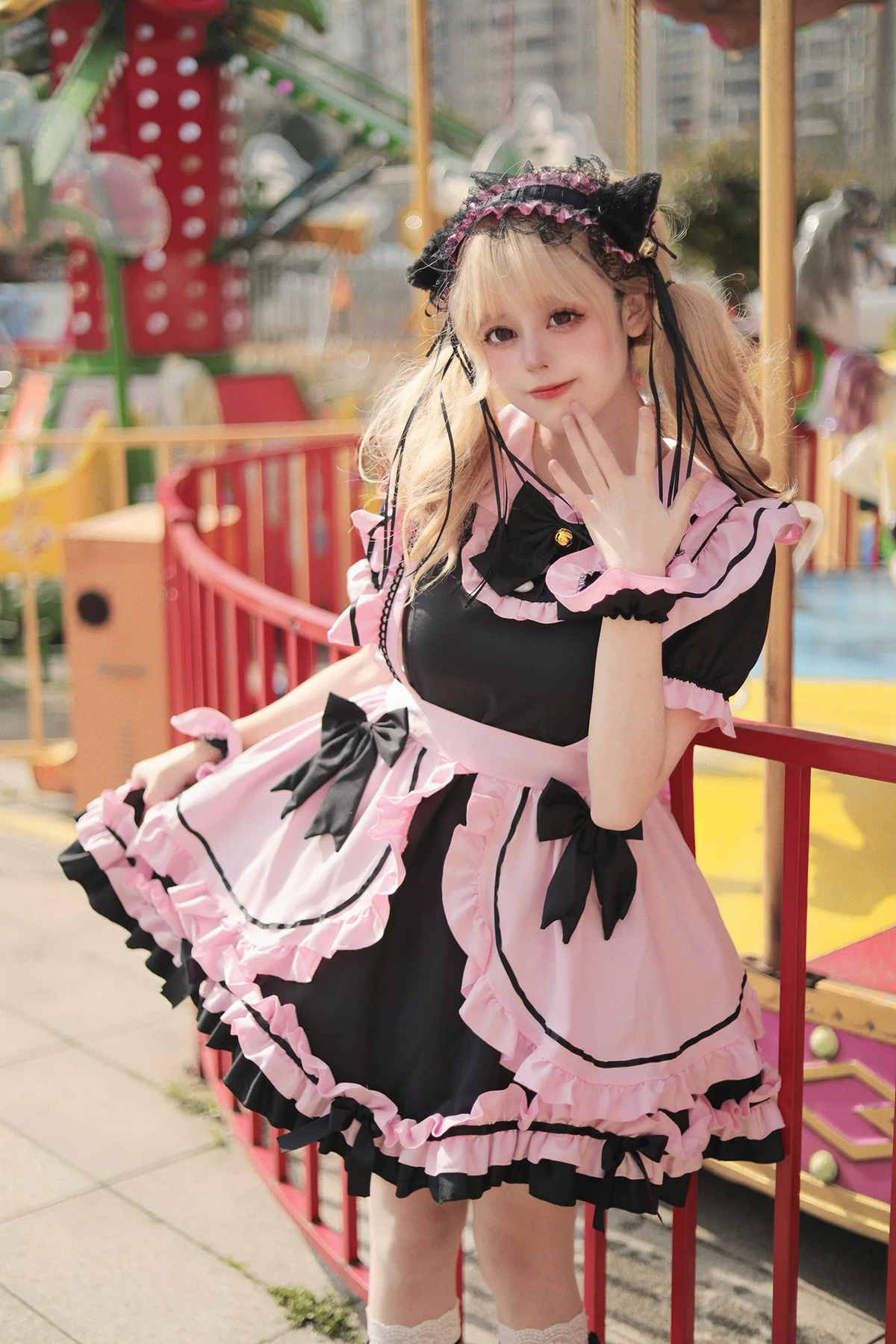 Black and Pink Ruffled Maid Style Dress with Headpiece Accent - view 7