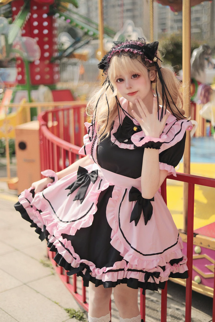 Black and Pink Ruffled Maid Style Dress with Headpiece Accent - view 7