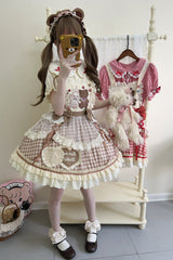 Rabbit Bear Diary Plaid Print Ruffle Bowknot Sweet Lolita Skirt 2 Colors (Blouse Included) - Product - 12