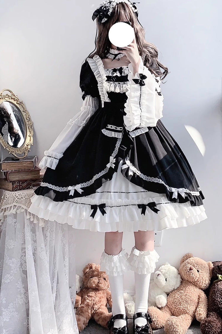 White/Black Hime Sleeves Multi-layer Ruffle Cardigan Bowknot Gothic Princess Lolita Dress - Product - 2