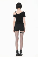 Black Off Shoulder Short Sleeves Studded Cross Straps Asymmetric Women's Punk Top - Product - 12
