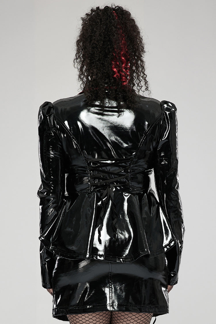 Black/Red Patent Leather Lapel Pleated Slim Fit Faux Leather Long Sleeve Punk Women's Jacket - Product - 3