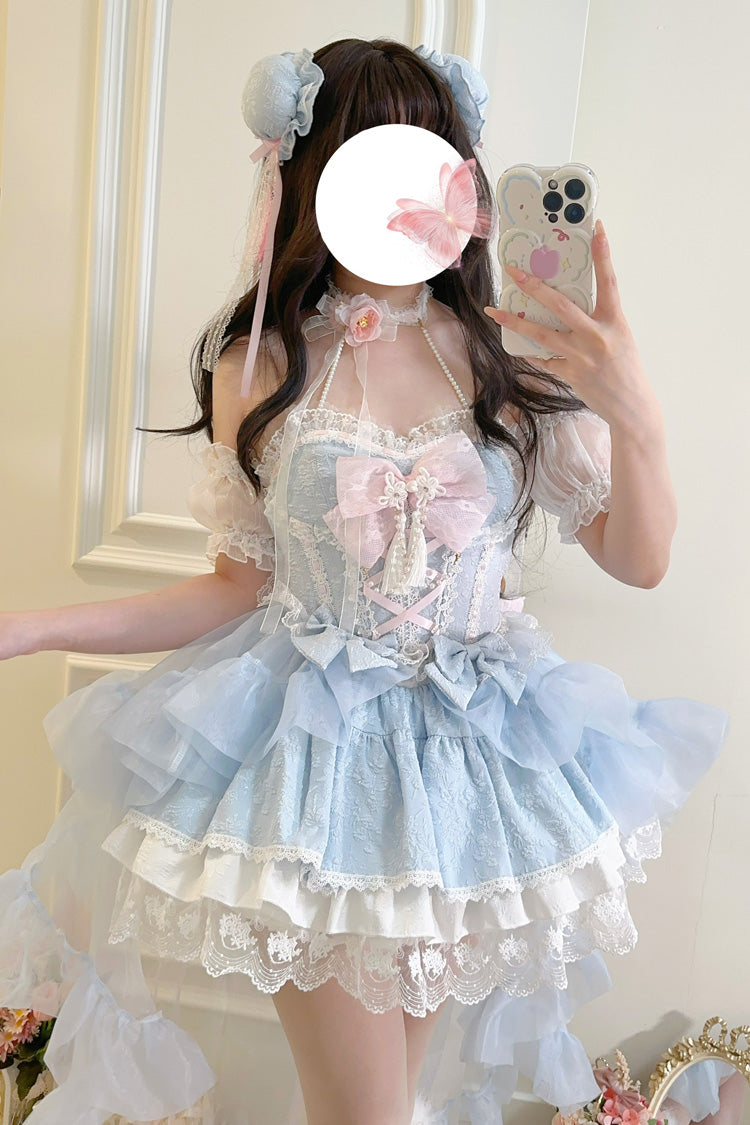 Blue [Rain and Flowers] Halterneck Jacquard Ruffle Bowknot Lace Sweet Lolita Jsk Dress - Blue - 1