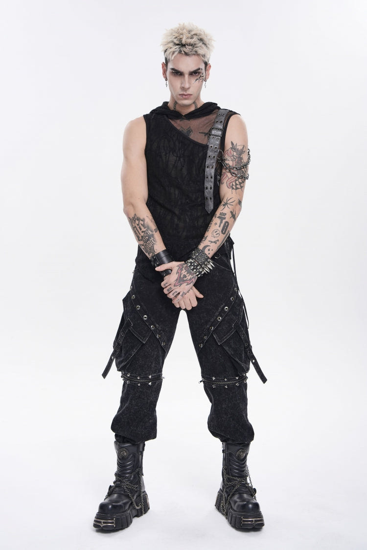 Black Hooded Sheer Asymmetric Chain-Decorated Men's Punk Hooded Vest - Product - 12