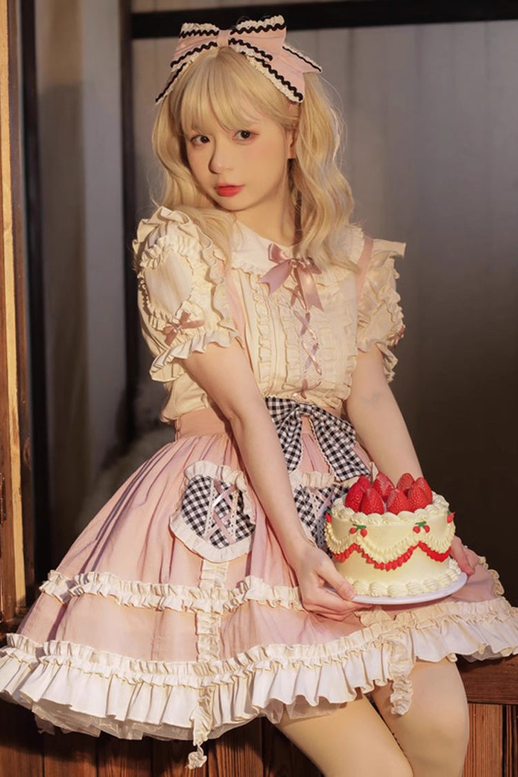 Pink Dorothy Heart Ruffle Bowknot Sweet Lolita Skirt Strap Dress - Product - 4