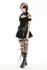 Black Faux Leather Spliced Lace Lace-Up Women's Punk Mini Skirt - Product - 6
