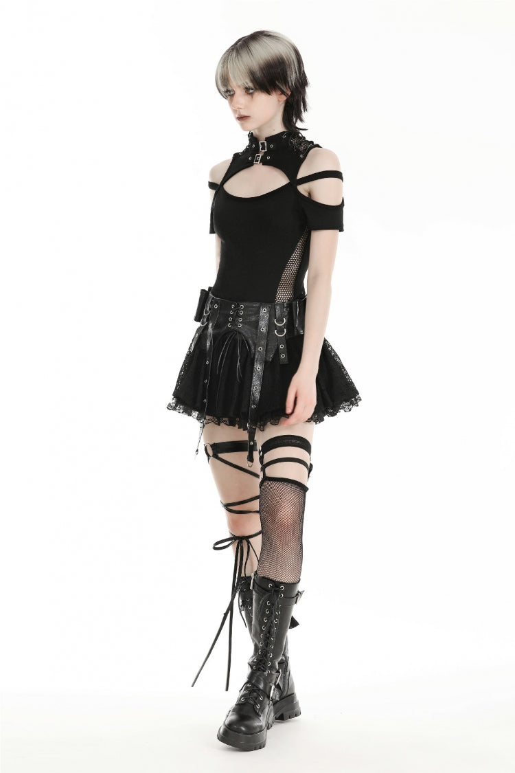 Black Faux Leather Spliced Lace Lace-Up Women's Punk Mini Skirt - Product - 6