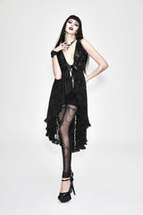 Black Waist Knot Back Lace-Up Frill Hem Sleeveless Rose Lace Mesh Women's Gothic T-Shirt - Product - 5