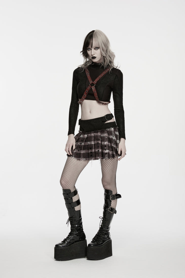 Red Patchwork Studded Pleated Women's Punk Preppy Style Skirt - Product - 10