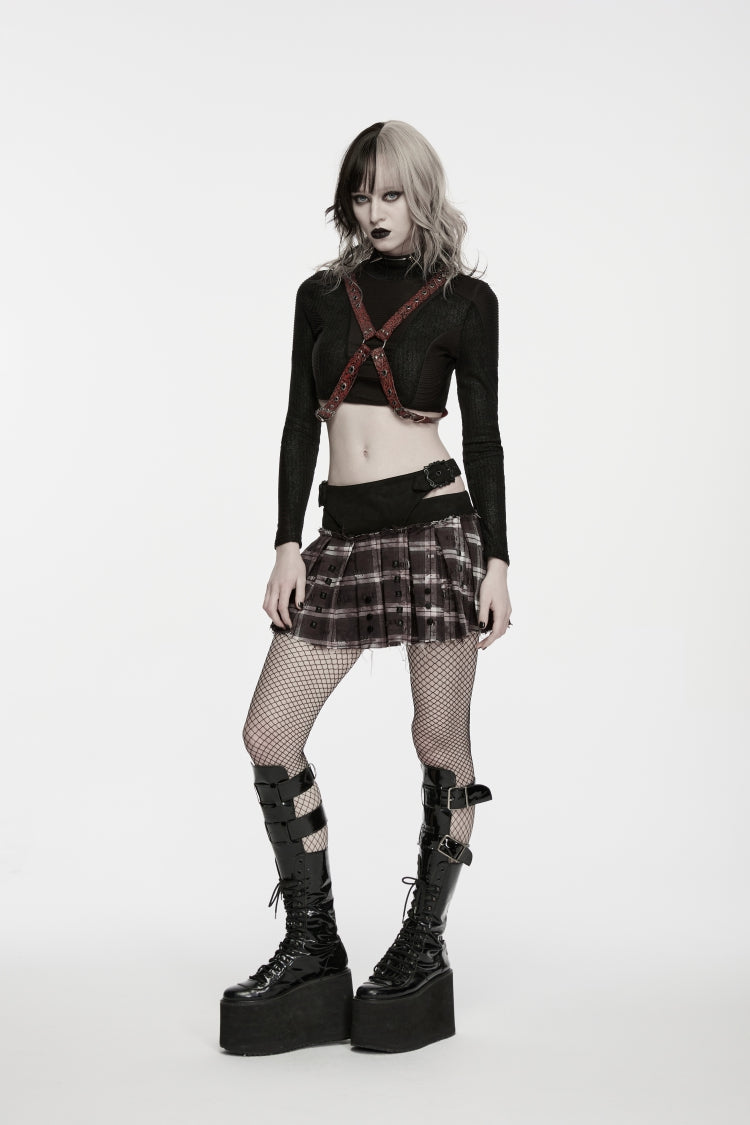 Red Patchwork Studded Pleated Women's Punk Preppy Style Skirt - Product - 10