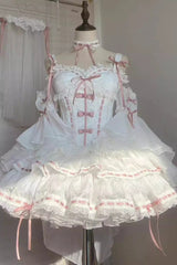 White [Little Love Song] Detachable Trumpet Sleeves Ruffle Bowknot Lace Sweet Lolita Top Skirt Set - White - 1
