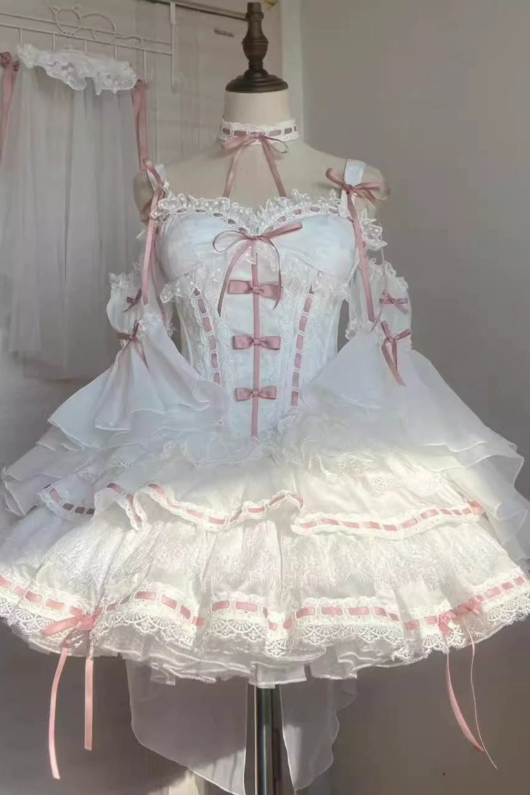 White [Little Love Song] Detachable Trumpet Sleeves Ruffle Bowknot Lace Sweet Lolita Top Skirt Set - White - 1