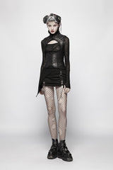 Black Back Waist Lace Up High Collar Front Metal Rivet Chest Hollow-Out Women's Punk Floral Vest - Product - 2