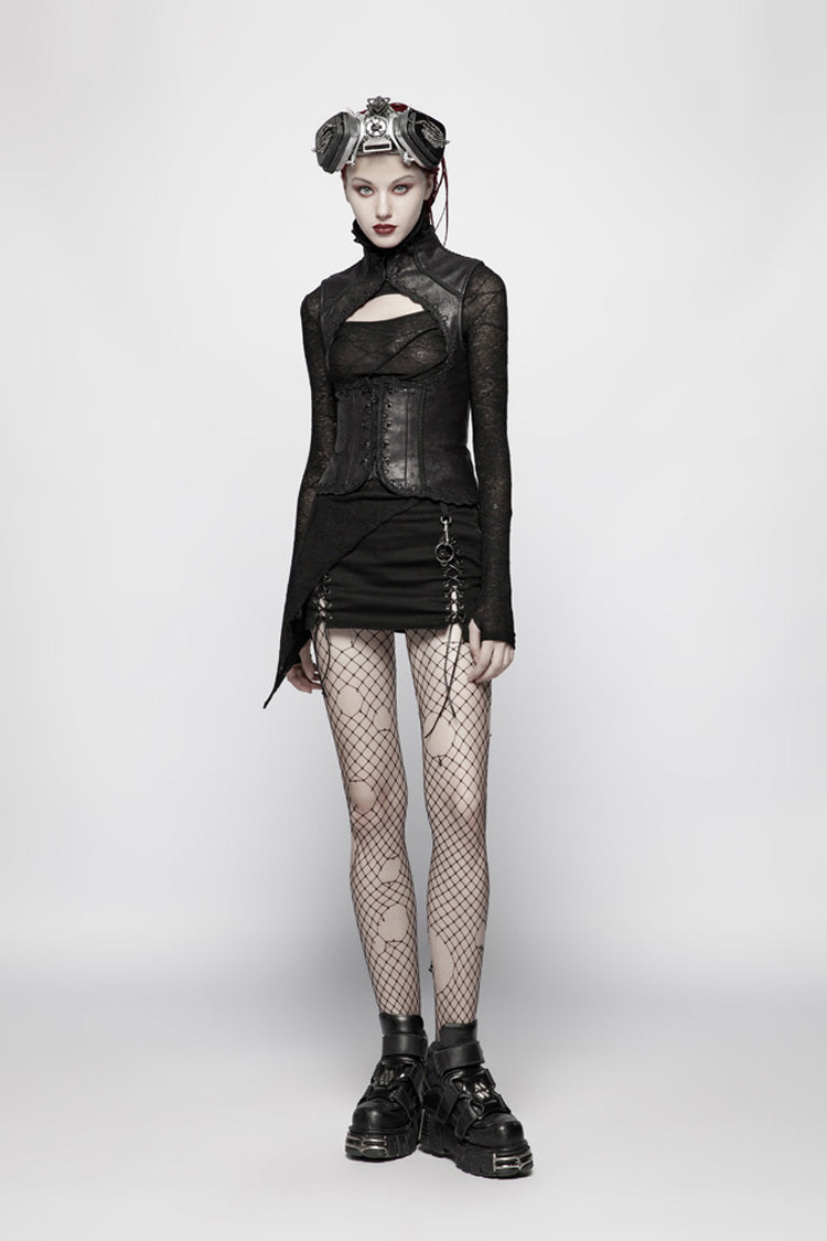 Black Back Waist Lace Up High Collar Front Metal Rivet Chest Hollow-Out Women's Punk Floral Vest - Product - 2