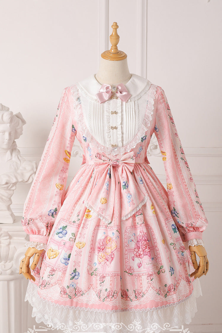 Blueberry Berries Print Long Sleeves Bowknot Sweet Princess Lolita Dress 4 Colors - Pink - 5