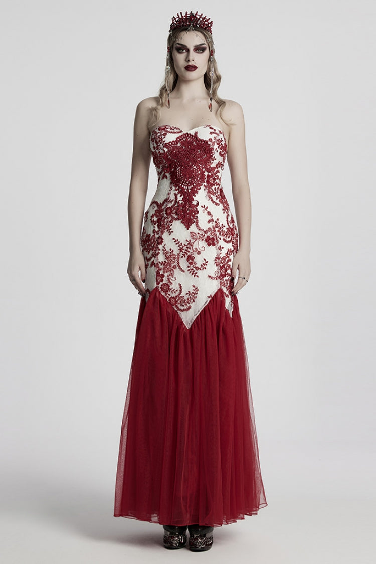 Red Off Shoulder Embroidery Lace Slim Women's Gothic Gown Fishtail Dress - Red - 1