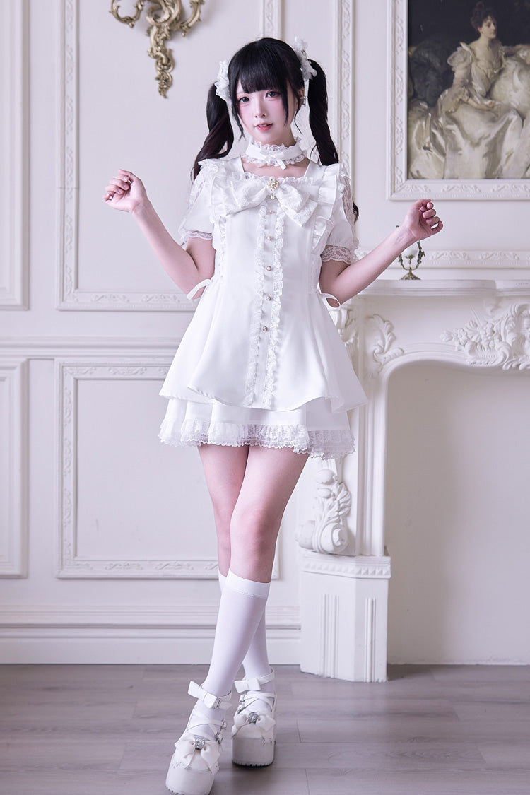 White [Waltz] Short Sleeves Ruffle Bowknot Gothic Jirai Kei Japanese Dress Set - Product - 4