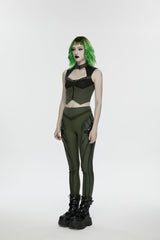 Black/Green Slim Women's Armor-Accentuated Paneled Punk Leggings - Product - 3