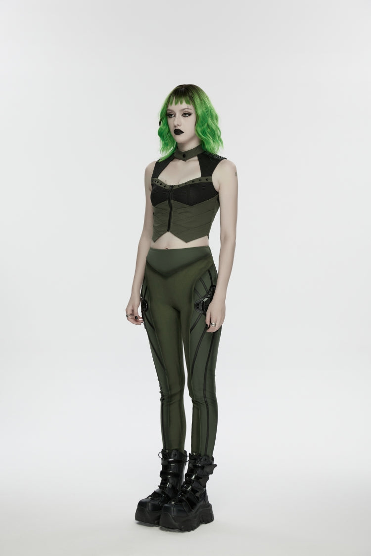 Black/Green Slim Women's Armor-Accentuated Paneled Punk Leggings - Product - 3