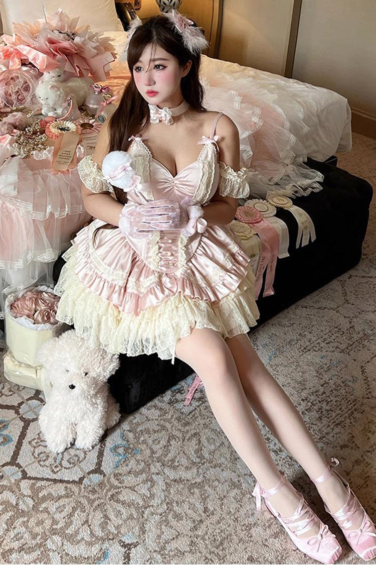 Pink [Ballet Cat] Multi-Layered Ruffle Bowknot Lace Sweet Ballet Lolita Jsk Dress - Product - 8