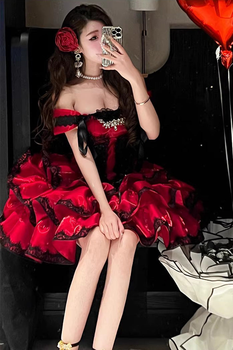 Red [Love Poems of the Heart] Sleeveless Triple-Layered Ruffled Lace Lace-Up Sweet Lolita Jsk Dress - Product - 5