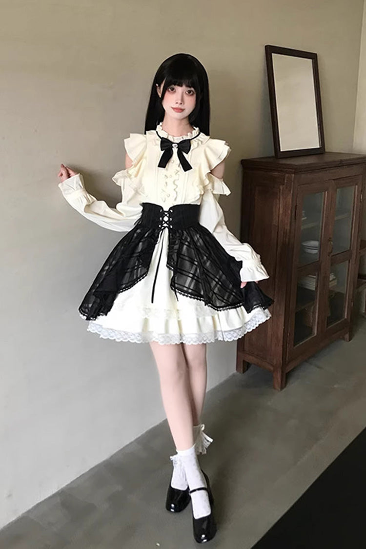 Black/Beige [Dark Chocolate Champagne] Stand Collar Off Shoulder Long Sleeves Double-Layered Ruffled Sweet Japanese Lolita Dress - Product - 6