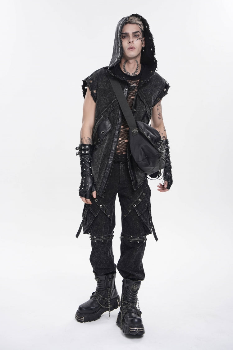 Black Spliced Hooded Buckled Eyelet Men's Punk Cool Vest - Product - 6