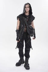 Black Spliced Hooded Buckled Eyelet Men's Punk Cool Vest - Product - 6