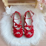 Bowknot Cross Bandage Kitten Shaped Special Heel Mid-Heel Shoes 5 Colors - Red - 4