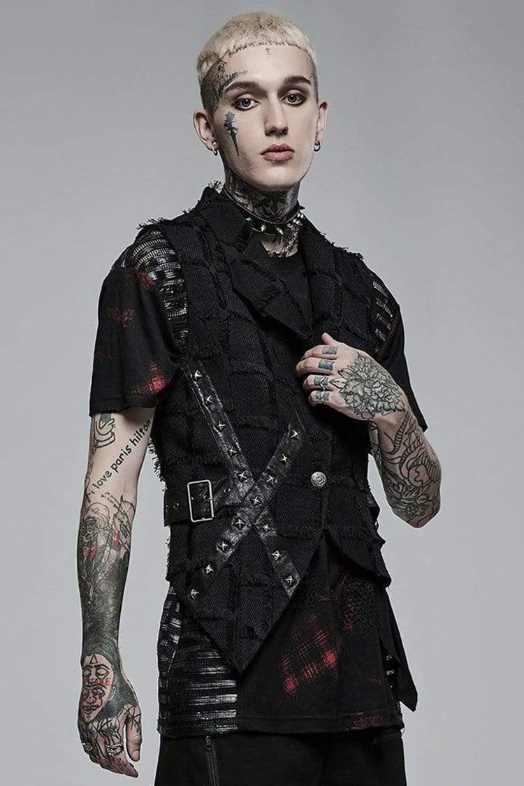 Black Gothic Asymmetrical Decadence Hairy Flu Back Cutout Design Leather Strip Metal Rivets Men's Vest - Product - 2