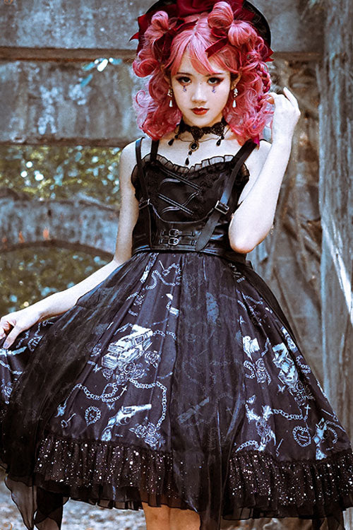 Dark Blue Vampire Diaries Theme Bowknot Ruffled Gothic Lolita JSK Dress Full Set - Product - 2