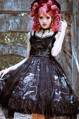 Dark Blue Vampire Diaries Theme Bowknot Ruffled Gothic Lolita JSK Dress Full Set - Product - 2
