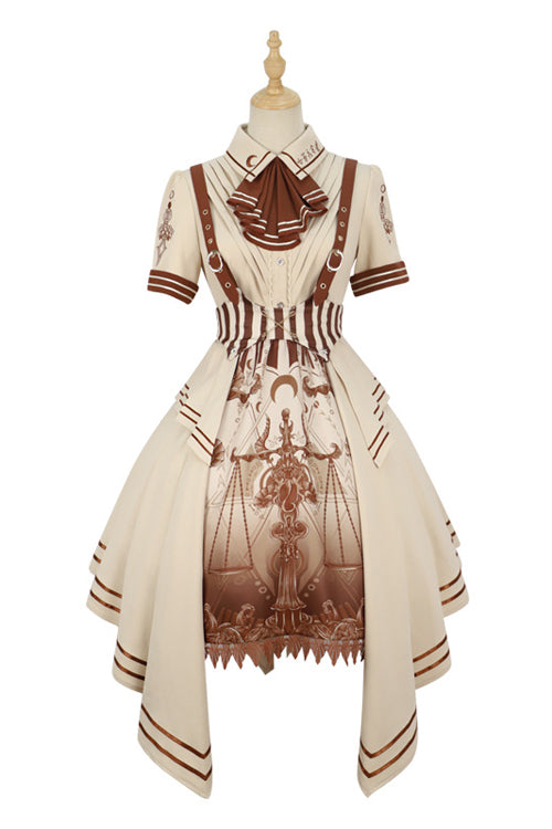 Beige British Style Short Sleeves Libra Print Cardigan Sweet Lolita Dress - Product - 8
