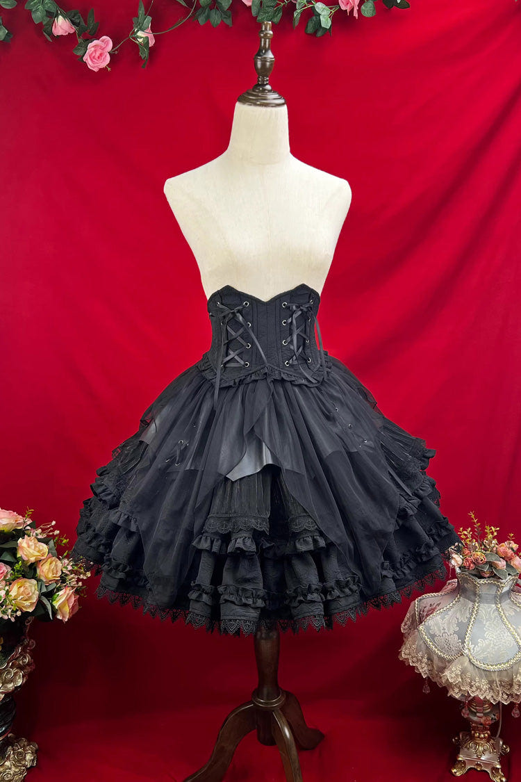 Black [The Angel of Good and Evil] Multi-Layered Ruffled Lace Gothic Elegant Lolita Skirt (Corset Belt Included) - Product - 3