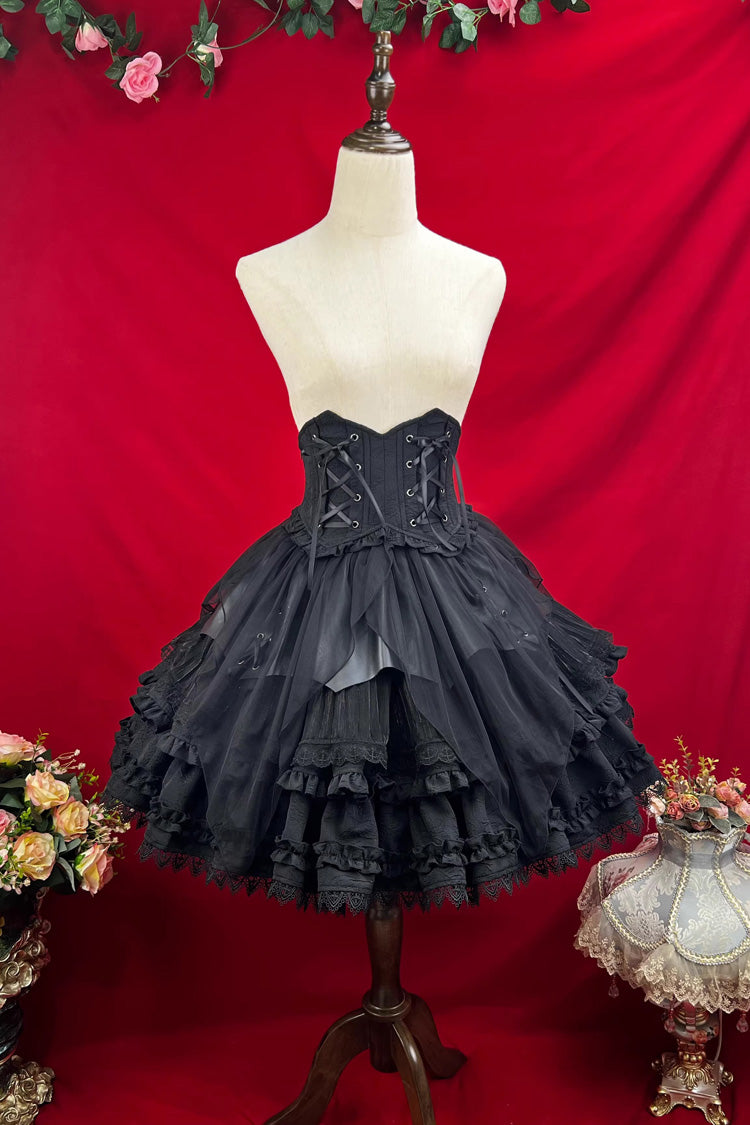 Black [The Angel of Good and Evil] Multi-Layered Ruffled Lace Gothic Elegant Lolita Skirt (Corset Belt Included) - Product - 3