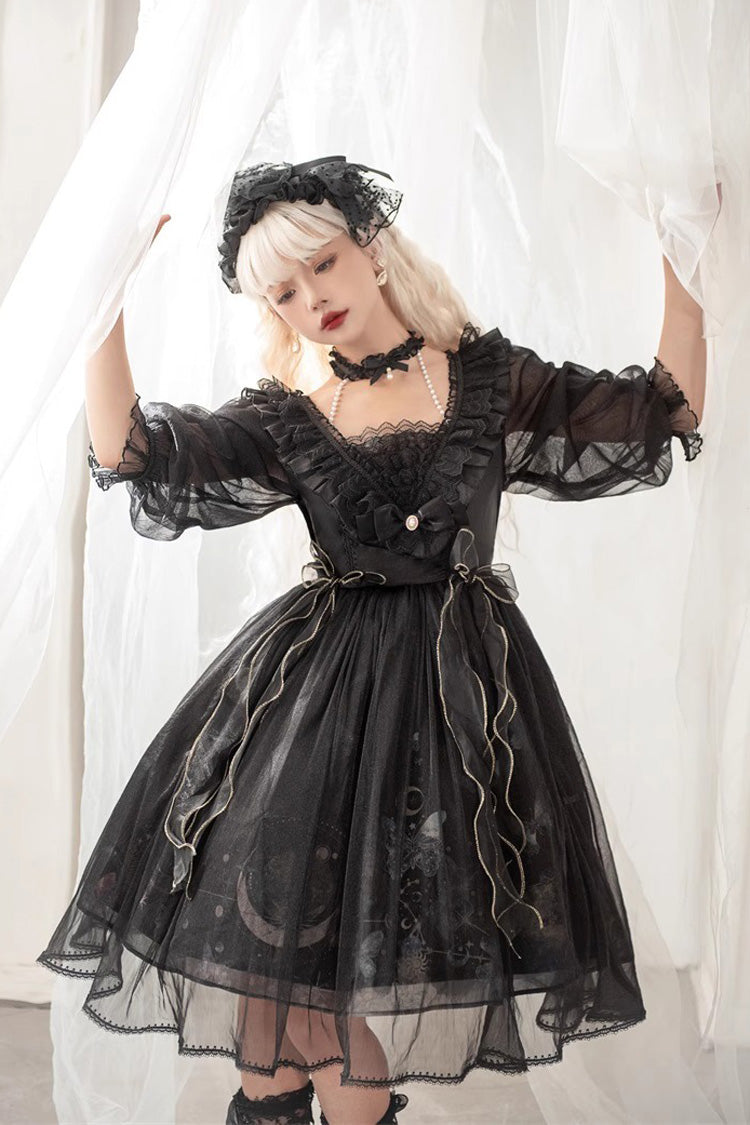 Black High Waisted Planet Butterfly Print Ruffle Lace Gothic Lolita Dress - Product - 4