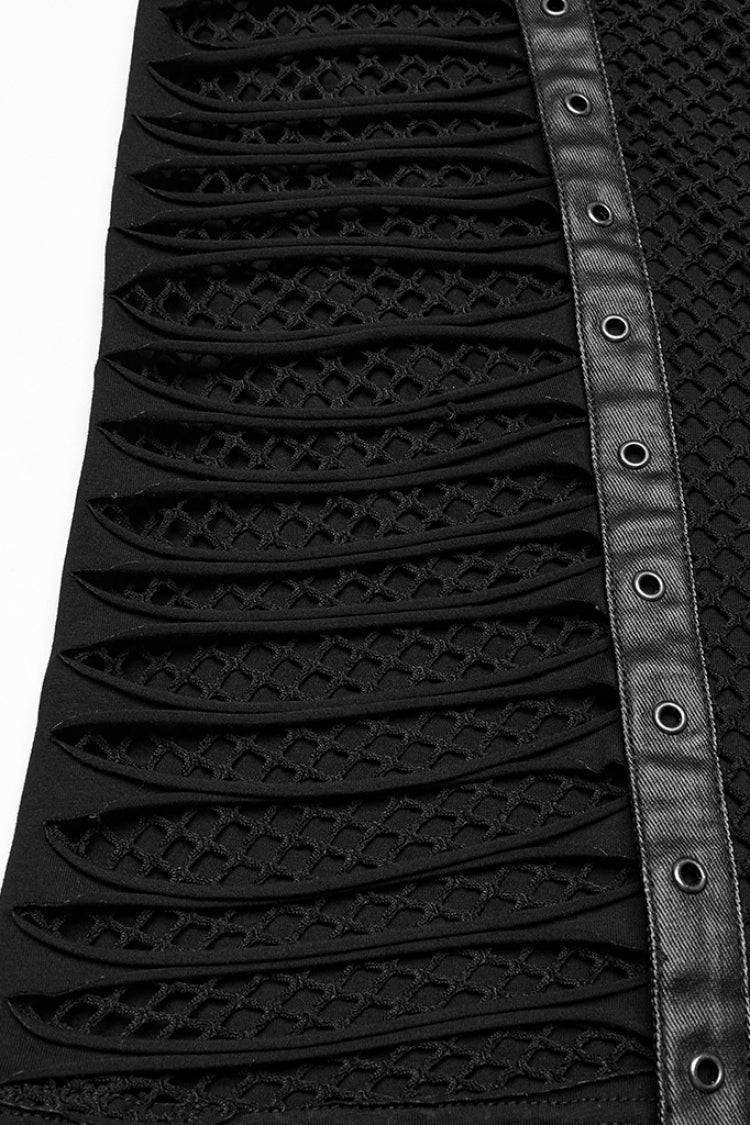 Black Round Collar Sleeveless Stitching Mesh Buckle Men's Punk Vest - Product - 8