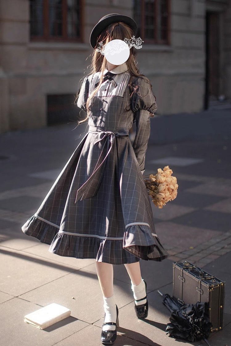 Grey Plaid Print Ruffle Bowknot Classic Vintage College Style Elegant Lolita Dress - Grey - 1