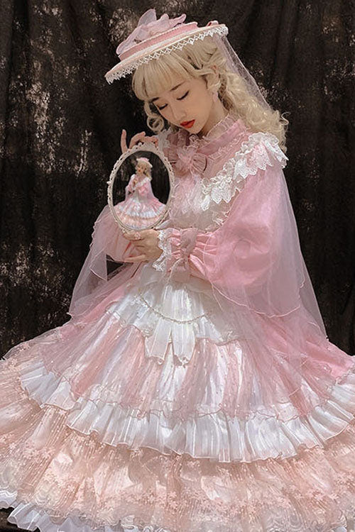 Pink Hanayome Long Sleeves Bowknot Multi-Layer Ruffled Sweet Lolita OP Tiered Dress - Product - 4