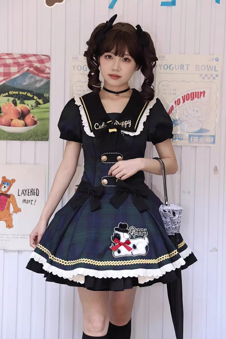 Blue [Dalmatian] Short Sleeves Print Ruffle Bowknot Slim Sweet Lolita Dress - Product - 6